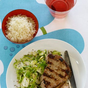 Enjoy a decadent pork dinner in less than 30-minutes.<br /><br /><a href="http://www.redbookmag.com/recipefinder/grilled-pork-with-shredded-brussels-sprouts-recipe"target="_new">Get the recipe!</a><br /><br />
<a href="http://search.barnesandnoble.com/booksearch/isbnInquiry.asp?EAN=9781416575665&lkid=J15656896&pubid=K125307&byo=1"target="_blank">Buy <i>Kitchen Express</i></a>
