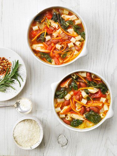 This is a twist on the classic pasta fagioli soup, using shredded chicken breast, red kidney beans, and Swiss chard. At 345 calories per serving, it is a filling and low-calorie meal.
<br /><br />
<b><a href="http://www.redbookmag.com/recipefinder/chicken-chard-pasta-fagioli-recipe
"target="_new">Get the recipe!</a></b>