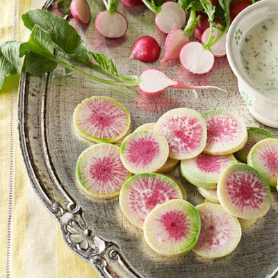 <p>Radishes dipped in butter is a classic French recipe. This inspired dish takes tradition one step further by replacing the butter with a dip made of zesty horseradish, tangy buttermilk, and fresh green herbs.</p><p><b>Recipe:</b> <a href="/recipefinder/sliced-radishes-horseradish-buttermilk-dip-recipe-clx0411" target="_blank"><b>Sliced Radishes with Horseradish-Buttermilk Dip</b></a></p>