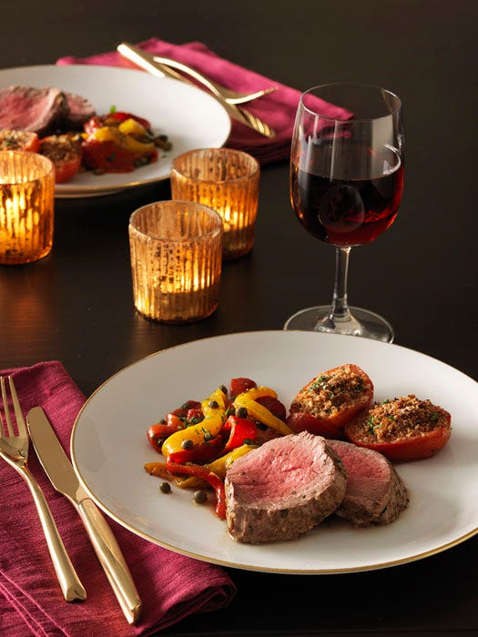 Serve this succulent steak with Giada's Roasted Tomatoes with Garlic, Gorgonzola, and Herbs.<br /><br /><a href="http://www.redbookmag.com/recipefinder/roasted-beef-tenderloin-pepper-caper-salsa-recipe-rbk0211"><b>Recipe: Roasted Beef Tenderloin with Pepper and Caper Salsa</b></a><br /><br /><a href="http://www.redbookmag.com/recipefinder/roasted-tomatoes-garlic-gorgonzola-herbs-recipe-rbk0211"><b>Recipe: Roasted Tomatoes with Garlic, Gorgonzola, and Herbs</b></a>