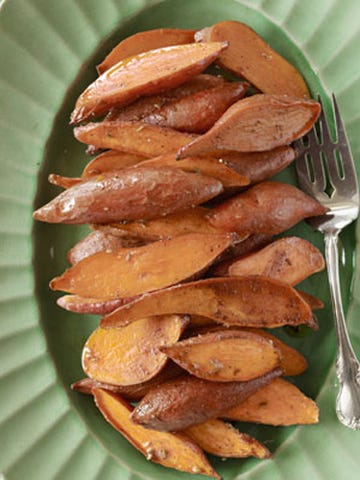 <p>Here roasted sweet potatoes are slathered with a spiced and sugared butter. Delicious as a side dish or as a simple appetizer, this easy recipe is sure to satisfy.</p>
<p><strong>Recipe</strong><strong>: <a href="http://www.countryliving.com/recipefinder/spiced-sweet-potatoes-recipe-clx0411" target="_blank">Spiced Sweet Potatoes</a></strong></p>