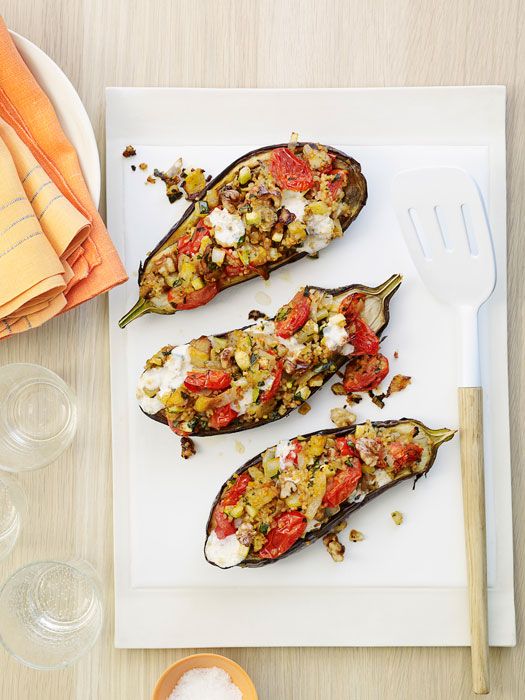 This vegetarian main dish easily becomes a complete meal when you add a simple side salad or some sauteed greens.
<br /><br />
<a href="http://www.redbookmag.com/recipefinder/cheesy-stuffed-eggplants-recipe-rbk0411"target="_new">Get the recipe!</a>