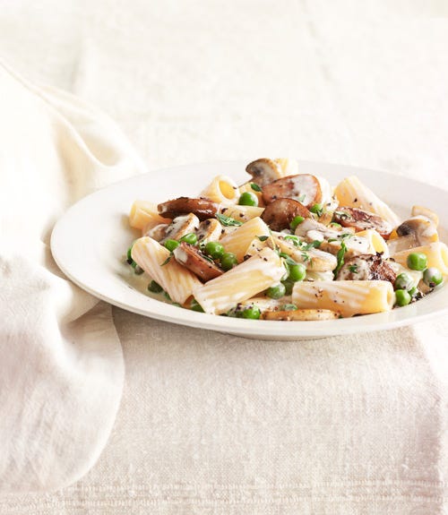 Rigatoni with Sausage, Peas, and Mushrooms