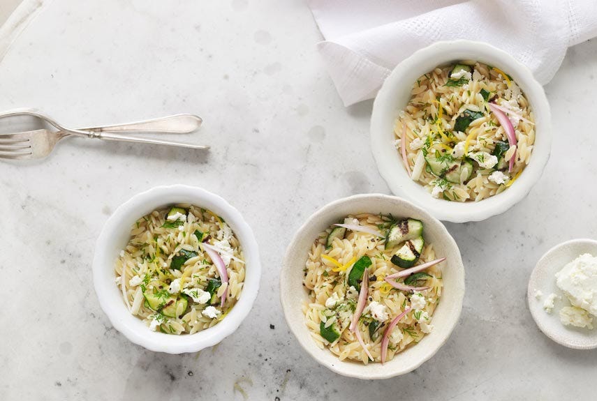 <p>Elevate this rice-like pasta from simple side to satisfying main with bright Mediterranean touches: tangy citrus, fragrant dill, and salty cheese.</p>
<p><strong>Recipe: <a href="http://www.countryliving.com/recipefinder/orzo-zucchini-dill-feta-recipe-clv0512" target="_self">Orzo with Zucchini, Dill, and Feta</a></strong></p>