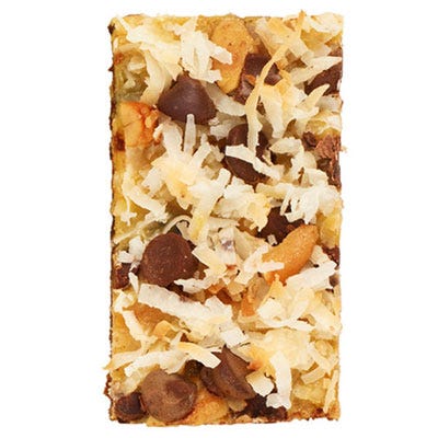 These delicious cashew and coconut bars are on a chocolate crust and covered with chocolate chips. What could be bad?