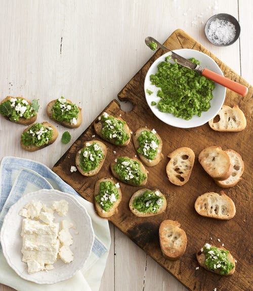 <p>Smooth ground peas, mint, and feta cheese create a simple, flavorful topping for crostini.</p>
<p><strong>Recipe:</strong> <a href="http://www.countryliving.com/recipefinder/pea-feta-crostini-recipe-clv0413" target="_blank">Pea-and-Feta Crostini</a></p>