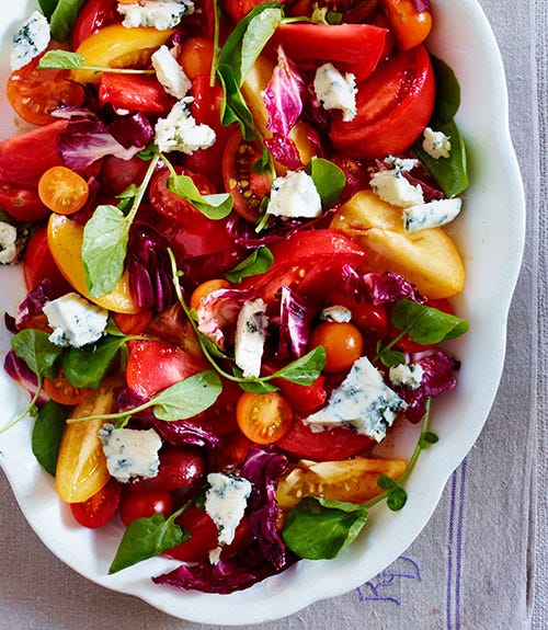 <p>Blue cheese balances the tomatoes' acidity in this simple salad.</p>
<p><strong>Recipe:</strong> <a href="http://www.countryliving.com/recipefinder/heirloom-tomato-salad-blue-cheese-recipe-clv0913" target="_blank">Heirloom-Tomato Salad with Blue Cheese</a></p>