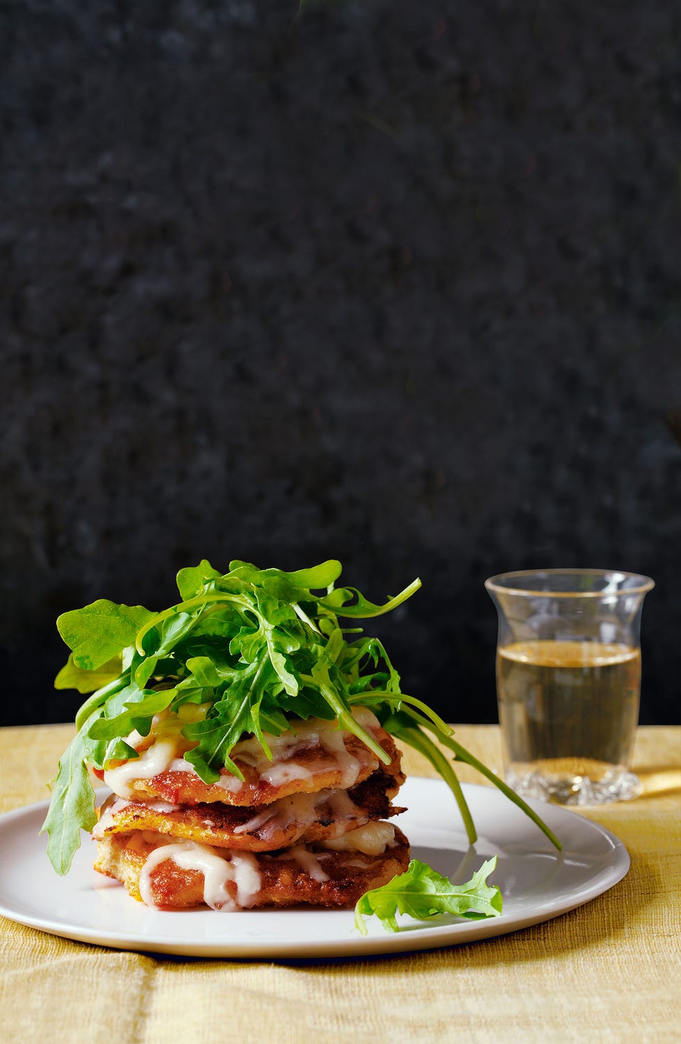 Corn Cake Stacks with Aged Cheddar and Arugula