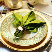 <p>Slip a beautiful napkin ring or tassel around the base of the napkin to hold the fold together.</p><br />