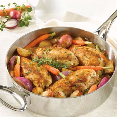 <p>Chicken breasts, sautéed in a skillet until golden, are finished in the oven with potatoes, onions, carrots, and herbs.</p><br /><p><b>Recipe: <a href="/recipefinder/chicken-vegetables-herbs-recipe-campbells-1109" target="_blank">Pan-Sautéed Chicken with Vegetables and Herbs</a> </b></p>