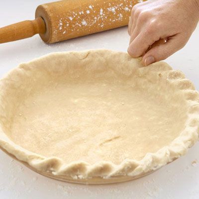 Press thumb into dough edge at an angle, then pinch dough between thumb and knuckle of index finger. Place thumb in groove left by index finger; pinch as before. Repeat, rotating pie plate as you go.