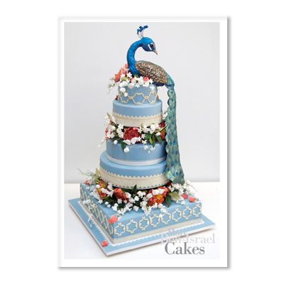 <p>This stunner features five stacked tiers of vanilla and chocolate cake with floral separators of sugar flowers that include deep coral peonies and white cherry blossoms. The sugar peacock perched on the top tier was inspired by the motif of the wedding reception.</p>
<br/>
<p>Ron Ben-Israel Cakes, New York, NY</p>
<p>(212) 625-3369</p>
<p><a href="http://www.weddingcakes.com" target="_new"><b>weddingcakes.com</b></a></p>