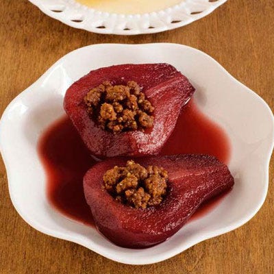 <p>If you like poached pears, you'll love this dessert, in which the pears are basically poached in the oven. The cookie crumb mixture in the core of each pear half is reminiscent of the topping on a fruit crisp. These are perfect for an autumn dinner party.
</p><br />
<p><b>Recipe: </b><a href="/recipefinder/drunken-pears-stuffed-with-cookie-crumble-recipe" target="_blank"><b>Drunken Pears Stuffed with Cookie Crumble</b></a></p>