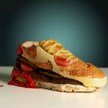 <b>Creator:</b> Swedish designer <a href="http://www.bing.com/search?nrv=celeb&q=Olle+Hemmendorff&form=delish" target="_blank">Olle Hemmendorff</a><br /><b>Delicious Details:</b> Air Jordan's got nothing on this these babies. As part of an exhibition, Hemmendorf designed the classic Nike Air Max sneakers using a sturdy sesame baguette, beef patties, pickles, tomatoes, and cheese for the iconic swoosh. Why did Hemmendorf choose the hamburger? He wanted to use  "the most powerful, most durable, and most delicious material known to man." <br /><br /><b>Bing:</b> <a href="http://www.bing.com/places/search?q=Stockholm%2c+Sweden&upgid=31880&qpvt=stockholm%2c+sweden&FORM=delish" target="_blank">The city where the sneaker burger was displayed</a> <br /><b>Find:</b> <a href="http://www.bing.com/shopping/search?q=air+max&p1=&form=QBRE&aq=air+max&aid=&ct=&qs=n&pq=air+max&sp=&rt=Completions&tk=&spv=&sl=E&sc=&st=&ast=delish" target="_blank">Shop for the real thing</a> <br /><br />Want a bite? Try these <a href="/entertaining-ideas/parties/barbecue-grilling/grilled-burger-recipes-del0510" target="_blank"><b>25 Awesome Grilled Burgers</b></a>