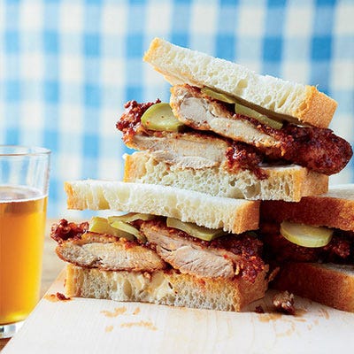 <p>The chicken in this delightful sandwich is brined in spicy dill pickle juice, then fried and tossed with schmaltz (chicken fat) and Korean chile powder. At Leghorn in Chicago, chef Jared Van Camp makes his own pickles, but he suggests using Tabasco's dill pickles as an easy substitute.</p>  <p><strong>Recipe:</strong> <a href="http://gogonow.org/recipefinder/nashville-hot-crispy-chicken-sandwiches-recipe-fw1013%22 target="_blank"><strong>Nashville Hot and Crispy Chicken Sandwiches</strong></a></p>
