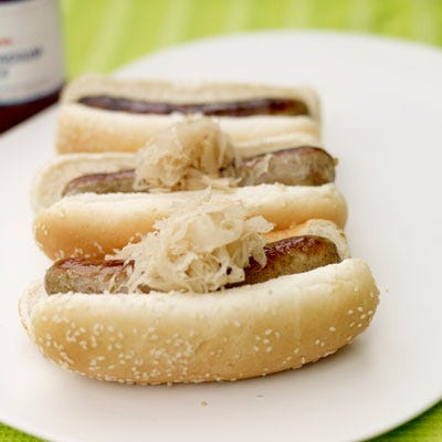 Milwaukee Brewers Bratwurst <p><b>Stadium:</b> <a href="http://milwaukee.brewers.mlb.com/mil/ballpark/index.jsp" target="_blank">Miller Park</a></p>
<p><b>Why It's a Hit:</b> Brats. Klement's Sausage Company provides the hometown favorite: brats. The pork and beef brats are grilled, then wedged in a crusty roll, doused with the "secret stadium sauce," and topped with sauerkraut and spicy brown mustard by request.</p>
<p><b>Fun Fact:</b> According to the National Hot Dog & Sausage Council, Miller Park is the only stadium in Major League Baseball where sausages outsell hot dogs.</p>