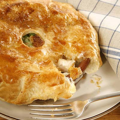 <p>This delicious recipe for chicken potpie comes from Chef John Delucie. He poaches the chicken in vegetable- and fresh-thyme-infused water for extra special flavor, but relies on convenient frozen puff pastry for the crust.</p><br /><p><b>Recipe: <a href="/recipefinder/chicken-potpie-recipe" target="_blank">Chicken Potpie</a></b></p>