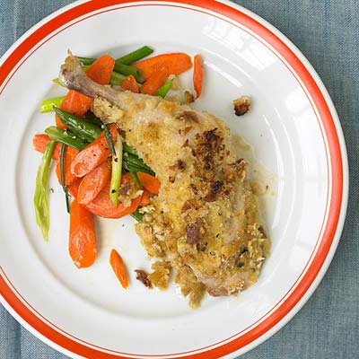 <p>You might expect rye bread and mustard on a sandwich, but here they make a very tasty crust for oven-baked chicken. A simple sauté of carrots and scallions rounds out the meal.</p><br /><p><b>Recipe:</b> <a href="/recipefinder/crispy-mustard-chicken-carrots-recipe" target="_blank"><b>Crispy Mustard Chicken with Carrots</b></a></p>