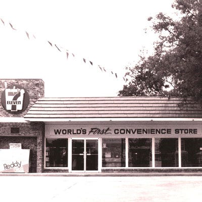 7-Eleven <p><b>Year Opened:</b> 1927</p>
<p><b>First Location:</b> Dallas, TX</p>
<p><b>Bite of History:</b> Long before we were cooling down with Big Gulps and Slurpees, 7-Eleven, first known as the Southland Ice Company, was an outpost for Dallas folks to stock up on solid ice. In May of 1927, Jefferson "Uncle Johnny" Green expanded his shop to offer not only ice but also basic provisions like bread, milk, and eggs. The store, unlike most markets, was open seven days a week, 16 hours a day. The model proved successful, and soon others followed with speedy service and more offerings — all in convenient locations. Today 7-Eleven operates more than 7,100 stores in the U.S. and Canada and over 31,000 affiliated branches from Singapore to Sweden. Oh, thank heaven for 7-Eleven!</p>