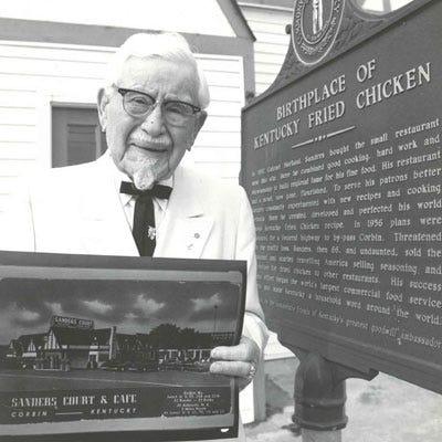 <p><b>Year Opened:</b> 1930 </p><p><b>First Location:</b> Corbin, KY</p><p><b>Bite of History:</b>  Harland Sanders's first outpost of Kentucky Fried Chicken, Sanders Court and Café, was located in the front room of a local gas station in Corbin, Kentucky. Word spread quickly that Sanders's special recipe for fried chicken cooked in an iron skillet was finger-lickin' good. The only issue: The more popular the restaurant, the harder it was to meet the demand. Not wanting to compromise quality, Sanders sought out a way to cut time without sacrificing flavor. After seeing a demo for the latest gadget — the pressure cooker — Sanders tweaked his process, and to this day, KFC's Original Recipe is always fried under pressure.</p>