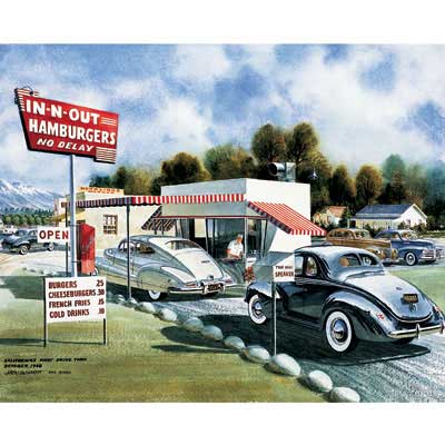 In-N-Out <p><b>Year Opened:</b> 1948 </p>
<p><b>First Location:</b> Baldwin Park, CA </p>
<p><b>Bite of History:</b> In 1948, founders Harry and Esther Synder set out to change the burger stand experience. Up until In-n-Out opened, cars were serviced by car hops offering door-side delivery to each car. It was Harry who thought a drive-thru speaker would be a better system. Thus the first drive-thru in California was born. Today, the West-coast chain — known for its "animal style" burger made with mustard-cooked beef — still maintains its mom-and-pop shop feel.</p>