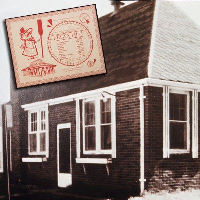 Pizza Hut <p><b>Year Opened:</b> 1958</p>
<p><b>First Location:</b> Wichita, KS</p>
<p><b>Bite of History:</b> On May 31, 1958, with just $600, Frank and Dan Carney opened the doors of their first pizzeria on a busy corner in Wichita, KS. Because of the small structure, their sign could only accommodate a name nine letters long. The brothers wanted to use "pizza," and a family member that pointed out the building looked much like a hut. Pizza Hut was born. The menu consisted of just two sizes — 10-inch and 13-inch — of thin crust pies, plus the usual toppings. It wasn't until 1980 that the thicker crust "pan pizza" was introduced. Since then Pizza Hut's menu has expanded to include wings, cheesy bites, and pastas.</p>