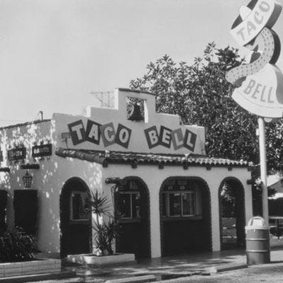 Taco Bell year opened 1961
first location downey, ca
bite of history in 1954, taco bell founder glen bell opened bell's drive in in san bernadino seeing the fast food industry growth, bell opened the first taco bell in 1961 at 7126 firestone boulevard in downey, ca it wasn't long before the restaurant franchised, and in 1978 pepsico, inc purchased the chain through an exchange of stock taco bell thrived under pepsico, creating such memorable slogans as, "yo quiero taco bell" while no longer a taco bell, the original building still stands today