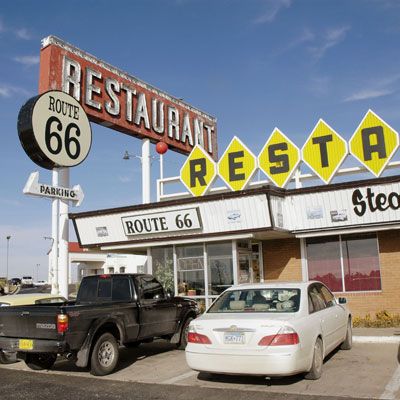 <p><b>Pit Stop:</b> Route 66 Restaurant, 2295 Historic Route 66 (1819 Will Rogers Drive), Santa Rosa, NM, (575) 472-9925</p><br /><p>Stretching nearly 2,500 miles from Chicago to Los Angeles, John Steinbeck coined this famous highway "Mother Road." When you're in New Mexico, get your kicks at the eponymous Route 66 Restaurant in Santa Rosa.</p><p><b>Road Tip:</b> Go for local Southwest flavors with an order of <a href="http://www.delish.com/recipefinder/huevos-rancheros-2940" target="_blank"><b>Huevos Rancheros</b></a>.</p>