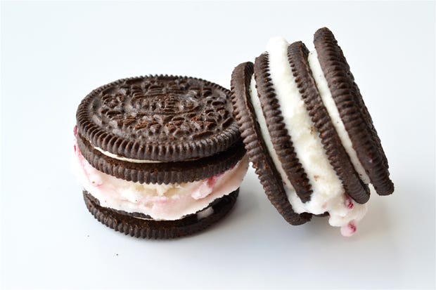 Oreo, Sandwich Cookies, Food, Sweetness, Finger food, Cuisine, Dessert, Ingredient, Baked goods, Pink, 