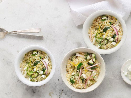 <p>Elevate this rice-like pasta from simple side to satisfying main with bright Mediterranean touches: tangy citrus, fragrant dill, and salty cheese.</p>
<p><strong>Recipe: <a href="http://www.countryliving.com/recipefinder/orzo-zucchini-dill-feta-recipe-clv0512" target="_self">Orzo with Zucchini, Dill, and Feta</a></strong></p>