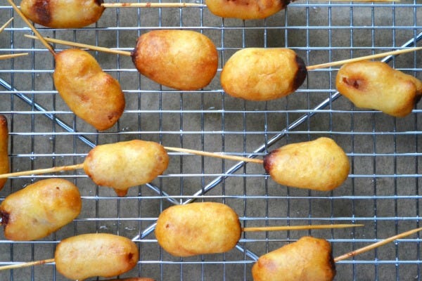 Mini Smoked Corn Dogs with Onion Sauce