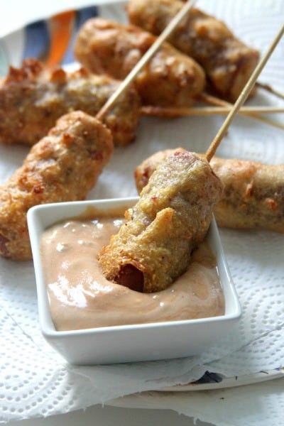 Mini Bacon Batter Corn Dogs with Special Sauce