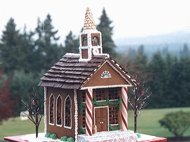 Winter, House, Roof, Gingerbread house, Finial, Place of worship, Conifer, Holy places, Cottage, Steeple, 