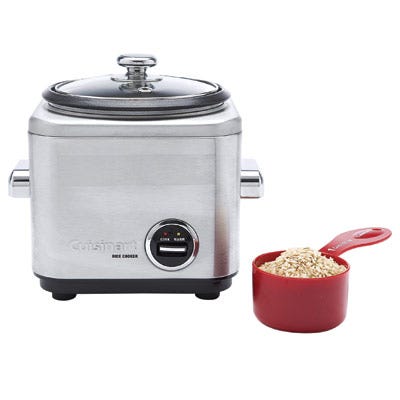 The compact Cuisinart 4-Cup Rice Cooker CRC-400 ($80) does the job as quickly as a stovetop. In our tests, rice came out tender but not overcooked, and it didn't burn at the bottom. This multitasking appliance also lets you steam small portions of veggies.