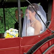 Beautiful in a strapless gown, Missy arrived in a stately horse-drawn carriage, then passed beneath a grape arbor before entering the garden; her awaiting bridesmaids were dressed in blue. As she walked toward Mike, strains of live Celtic music filled the garden.