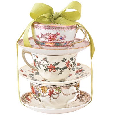 <b>Showers:</b> What bride-to-be wouldn't smile at the sight of a cup and saucer in her grandmother's china pattern? Find out the pattern, then get it at <a href="http://www.replacements.com"target="_blank">replacements.com</a>.
<br /><br /><b>Trio of teacups:</b> Inexpensive but charming, vintage teacups make thoughtful gifts. Choose with an eye to color and then wrap (carefully) with a generous bow. If you know your friend's china pattern, opt for getting a single cup to add to her collection.
