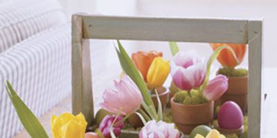 Brimming with vibrant tulips and intensely hued eggs, a rustic berry tray becomes a cheery centerpiece to brighten any tabletop. Look for flat-bottom antique wooden carriers (called trugs) at flea markets, or artificially age a new one from a garden store using sandpaper. Place tiny terra-cotta pots inside the base in free-form rows, filling the spaces in between with mounds of decorative moss. In about half the containers, perch dyed hard-boiled eggs; in the other half, insert dampened floral Oasis (available at crafts stores), tulip blossoms, and more moss.