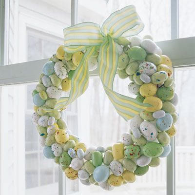 Wreaths aren't just for winter! To make this festive springtime wreath, cut skewers into two-inch lengths, leaving one end sharp. Using a paring knife, pierce shells of speckled malted-milk eggs and insert skewer tips. Push candy into an eight-inch foam ring; top with ribbon.
