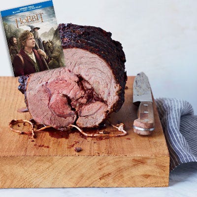 <p><i>(Best Visual Effects Nominee, 2013)</i></p>

<p><b>Recipes:</b> <a href="/recipefinder/beef-chuck-eye-roast-paprika-herb-rub-recipe-fw0512"><b>Beef Chuck Eye Roast</b></a> (pictured)<br />
<a href="/recipefinder/roasted-potatoes-fresh-herbs-recipe-clx0312">Roasted Potatoes with Fresh Herbs</a><br />
<a href="/recipefinder/popovers-ghk2001"><b>Popovers</b></a></p>

<p>Before Bilbo Baggins (Martin Freeman) sets out on a quest to help reclaim Erebor for the Dwarves, he needs a bit of convincing. A quiet meal at home turns into quite the gathering when twelve dwarves, Gandalf (Ian McKellen), and Thorin Oakenshield (Richard Armitage) arrive to discuss the upcoming quest. The dwarves pull all of the food out of the pantry and dine on a feast of warming comfort foods. Meats, breads, potatoes, cheeses — everything a hungry quester needs before a long journey!</p>
