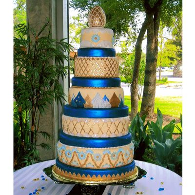 <p>With a nod to the bride's Russian ancestry, cakemaker Yvette Humbert crafted this confection in blue, white, and gold. Each tier represents a plate from the bride's antique Russian china set with blue fondant-covered dummy tiers in between.</p>
<br />
<p>Amazing Cakes of Austin, Austin, TX</p>
<p>(512) 619-6765</p>
<p><a href="http://www.amazingcakesofaustin.com/" target="_new"><b>amazingcakes.com</b></a></p>