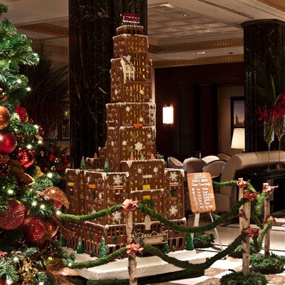 <b>Location:</b> The Jumeirah Essex House's 2010 Holiday Lobby Display (New York, NY)<br />
Throughout December, the hotel's executive pastry chef, Deden Putra, is hosting Saturday morning classes that teach kids (and parents) how to construct and decorate gingerbread houses. Last year's display proves Putra's qualifications. He and his team built an exact scale replica of the Jumeirah Essex House that was 10 feet tall. 