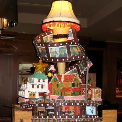 <p><b>Location:</b> The Seattle Sheraton's 2009 Gingerbread Village (Seattle, WA)</p>
<p>Prompted by the theme "Reel Christmas," a team of Seattle Sheraton culinary staff and area architecture firm DLR Group created this cheeky homage to the 1983 Christmas comedy film classic <i>A Christmas Story</i>. Weighing around 200 pounds, the gingerbread structure featured edible reenactments of memorable movie scenes—including fondant versions of Ralphie and friend Flick by the flagpole in an amazingly detailed gingerbread neighborhood, and a recreation of the film's iconic leg lamp sporting licorice "fringe."</p>