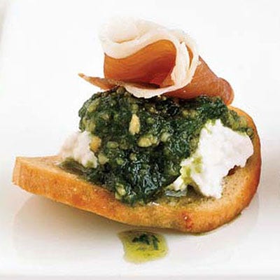 <p>These no-cook canapés are a wonderful match with a glass of Prosecco, a sparkling white wine similar to champagne. (Looking for some low-cost bubbly to serve at your fete? <b><a href="/entertaining-ideas/parties/sparkling-wines" target="_blank">Try our top five picks!</a></b>)</p><br /><p><b>Recipe:</b> <a href="/recipefinder/bagel-chips-ricotta-prosciutto-appetizers" target="_blank"><b>Bagel Chips with Ricotta, Chive Puree, and Prosciutto</b></a></p>