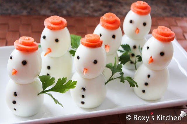 <p>These easily assembled snowmen can work for breakfast, snacks or as appetizers. It's also a fun way for the kids to eat their eggs.</p> <p><strong>Get the recipe from <a href="http://www.roxyskitchen.com/egg-snowman.html" target="_blank">Roxy's Kitchen</a>.</strong></p>