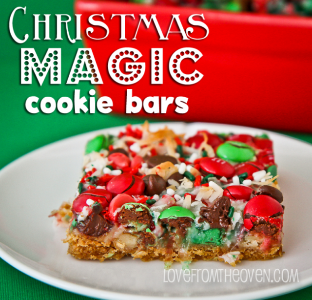 <p>You can use any colorful toppings and sprinkles you have to create this easy and decadent cookie bar.</p> <p><strong>Get the recipe from <a href="http://www.lovefromtheoven.com/2012/12/07/seven-layer-magic-cookie-bar-week-day-7-christmas-magic-cookie-bars-ill-bring-the-cookies/" target="_blank">Love From the Oven</a>.</strong></p>