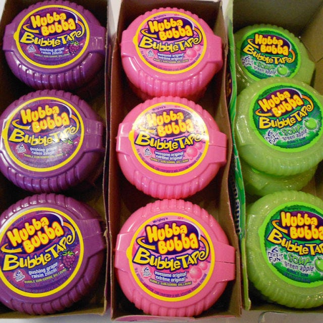 <p>Bubble tape boasts a perfectly powdered roll of gum that never sticks, allowing you to personalize your portion. Just watch out — if you give it out, you might find someone pilfering more inches than you'd like to share. Good thing 24 count boxes can be found online!</p>