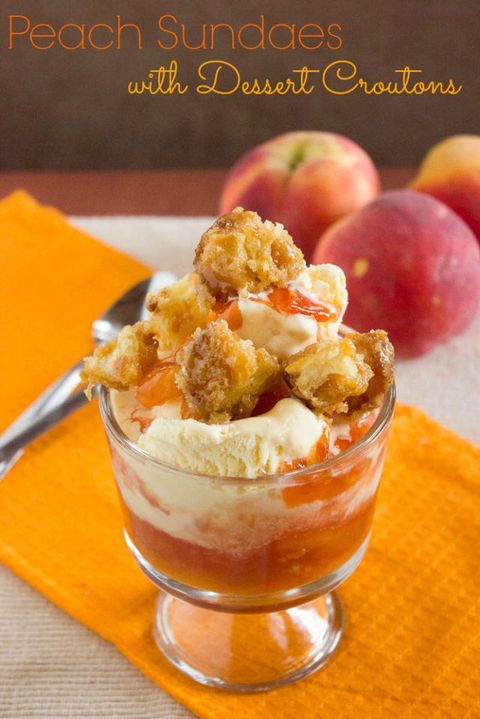 <p>Caramel makes these croutons buttery, crunchy, and the perfect addition to just about any dessert you could think of.</p>
<p><strong>Get the recipe from <a href="http://bsugarmama.com/peach-sundaes-caramel-croutons/" target="_blank">Brown Sugar</a>.</strong></p>