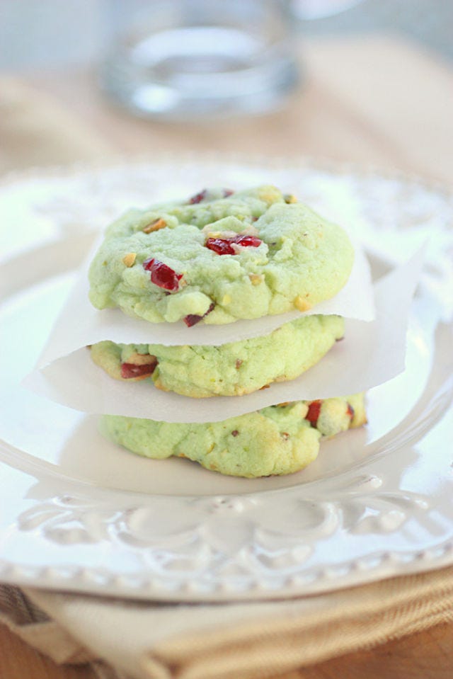 <p>The subtle green and red color scheme in this cookie comes from pistachio instant pudding and flavorful dried cranberries.</p> <p><strong>Get the recipe from <a href="http://www.the-girl-who-ate-everything.com/2010/12/day-1-of-12-days-of-christmas-cookies.html" target="_blank">The Girl Who Ate Everything</a>.</strong></p>