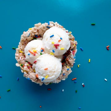 <p><strong>Crispy Rice Cereal Bowls</strong><br /> In a large pot, melt 4 tablespoons butter over medium heat. Add 1 10-oz. bag of marshmallows, and cook, stirring, until melted. Fold in 5 cups rice cereal and 1/2 cup of sprinkles, being careful to not over-mix (the sprinkles will start to dye the cereal). Remove the pot from the heat; let cool slightly.</p> <p>Spray jumbo muffin tin with nonstick cooking spray. When cool enough to handle, spray hands with cooking spray, and press cereal mixture into the muffin tins, forming bowls. Set for 1 hour, remove from muffin tins, and serve with ice cream. Top with more sprinkles.</p>