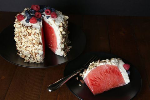 The thought of baking on a scorching Summer day is completely out of the question. Thankfully, there are ways to skirt around the oven issue, like with this no-bake watermelon cake. The catch is, there is no cake! A miniwatermelon, whipped cream, slivered almonds, and berries are all you need to create this Pinterest-worthy dessert for 12.
